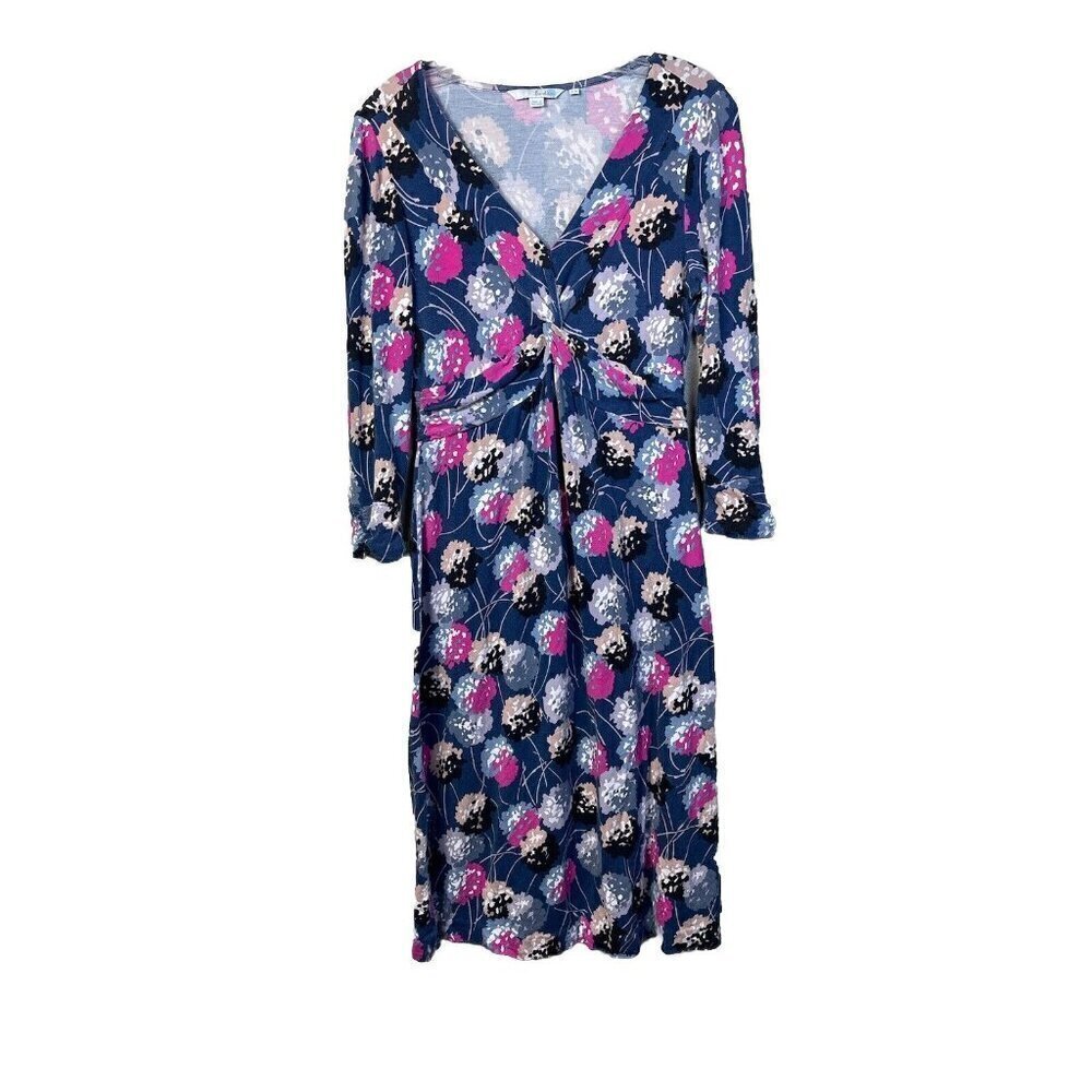 Boden Twist Front Printed Jersey Dress V Neck Floral  Sz 8L Blue Pink Multicolor